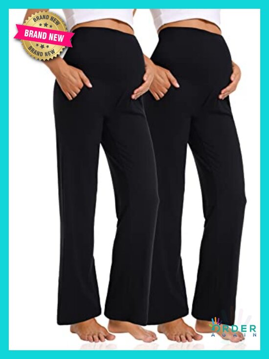 Pants - Wide Leg Maternity Pants Over Belly Work Casual Trousers with Pockets